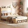 image:imageVINGLI Full Size Platform Bed Frame with Storage Headboard and Charging Station Modern Rattan Wood Bed with Shelves and OttomanSpace Saving Bed Frame for Bedroom or Guest RoomNatural WoodLinen Gray