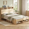 image:imageVINGLI Full Size Platform Bed Frame with Storage Headboard and Charging Station Modern Rattan Wood Bed with Shelves and OttomanSpace Saving Bed Frame for Bedroom or Guest RoomNatural Wood