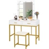 image:imageVINGLI Large Vanity Set with Lighted MirrorModern Makeup Vanity Table Set with LED Lights in 3 ColorsBedroom Dressing Table with 2 Large Drawers and Storage Shelves for WomenBlackampGoldWhite