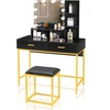 image:imageVINGLI Large Vanity Set with Lighted MirrorModern Makeup Vanity Table Set with LED Lights in 3 ColorsBedroom Dressing Table with 2 Large Drawers and Storage Shelves for WomenBlackampGoldBlack