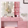 image:imageVINGLI Large Vanity Set with Lighted MirrorModern Makeup Vanity Table Set with LED Lights in 3 ColorsBedroom Dressing Table with 2 Large Drawers and Storage Shelves for WomenBlackampGoldPink