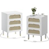 image:imageVINGLI Night Stand Set of 2 Rattan Nightstands with Charging Station 1772 W Boho Wood Nightstand for Bedroom Bed Side Table with Charging Station Wooden Night Stands Oak Real Rattan End TableWhite
