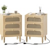 image:imageVINGLI Night Stand Set of 2 Rattan Nightstands with Charging Station 1772 W Boho Wood Nightstand for Bedroom Bed Side Table with Charging Station Wooden Night Stands Oak Real Rattan End TableOak