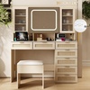 image:imageVINGLI Vanity Desk with LED Lighted Mirror amp Padded Bench Makeup Set with 7 Drawers amp 2 Clear Glass Cabinets amp 1 Hidden Mirror Cabinet amp 3 Storeroom amp Charging Station for Bedroom GreyRattan