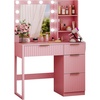 image:imageVINGLI Fluted Makeup Vanity Desk with Mirror amp Lights amp Power Outlet Small Vanity Table w 7 Drawers amp 4 Storage ShelvesOak Modern Dressing Table Set Charging Station for BedroomPink