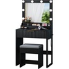 image:imageVINGLI Fluted Makeup Vanity Desk with Mirror and Lights and Stools Small Vanity Table with Bench Chair amp 2 Drawers amp 4 Storage Shelves White Dressing Table Set for Girls BedroomBlack