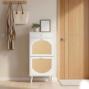 image:imageVINGLI 6 Flip Drawer Shoe Cabinet for Entryway Rustic Shoe Storage Cabinet with 5 Solid Wood Legs Farmhouse Barn Door Design Shoe Organizer for Hallway Bedroom or Living Room Natural Wood FinishWhite  Oak Rattan