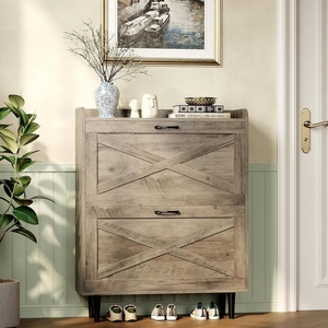 image:imageVINGLI 6 Flip Drawer Shoe Cabinet for Entryway Rustic Shoe Storage Cabinet with 5 Solid Wood Legs Farmhouse Barn Door Design Shoe Organizer for Hallway Bedroom or Living Room Natural Wood FinishWashed Grey
