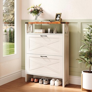 image:imageVINGLI 6 Flip Drawer Shoe Cabinet for Entryway Rustic Shoe Storage Cabinet with 5 Solid Wood Legs Farmhouse Barn Door Design Shoe Organizer for Hallway Bedroom or Living Room Natural Wood FinishRustic White  Vintage Brown