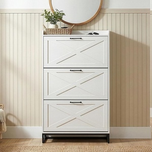 image:imageVINGLI 6 Flip Drawer Shoe Cabinet for Entryway Rustic Shoe Storage Cabinet with 5 Solid Wood Legs Farmhouse Barn Door Design Shoe Organizer for Hallway Bedroom or Living Room Natural Wood FinishRustic White