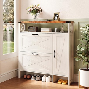 image:imageVINGLI 6 Flip Drawer Shoe Cabinet for Entryway Rustic Shoe Storage Cabinet with 5 Solid Wood Legs Farmhouse Barn Door Design Shoe Organizer for Hallway Bedroom or Living Room Natural Wood FinishRustic White  Vintage Brown
