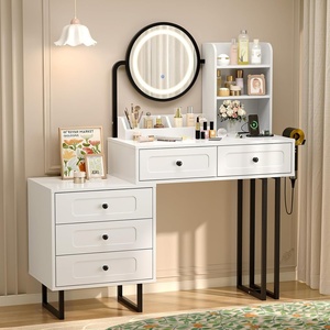 image:imageVINGLI Fluted Makeup Vanity Desk with Mirror amp Lights amp Power Outlet Small Vanity Table w 7 Drawers amp 4 Storage ShelvesOak Modern Dressing Table Set Charging Station for BedroomWhite  Black