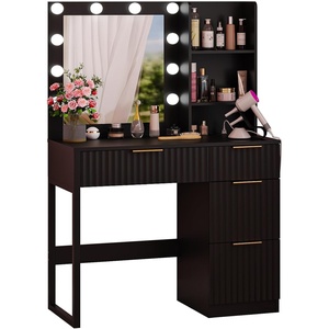 image:imageVINGLI Fluted Makeup Vanity Desk with Mirror amp Lights amp Power Outlet Small Vanity Table w 7 Drawers amp 4 Storage ShelvesOak Modern Dressing Table Set Charging Station for BedroomBlack