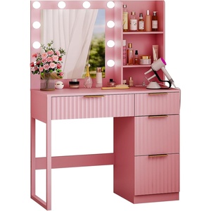 image:imageVINGLI Fluted Makeup Vanity Desk with Mirror amp Lights amp Power Outlet Small Vanity Table w 7 Drawers amp 4 Storage ShelvesOak Modern Dressing Table Set Charging Station for BedroomPink