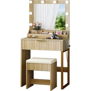 image:imageVINGLI Fluted Makeup Vanity Desk with Mirror and Lights and Stools Small Vanity Table with Bench Chair amp 2 Drawers amp 4 Storage Shelves White Dressing Table Set for Girls BedroomOak