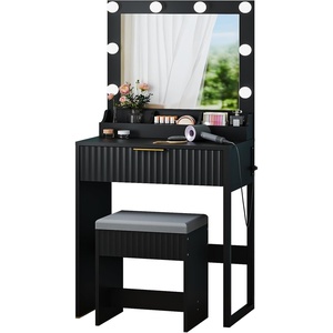 image:imageVINGLI Fluted Makeup Vanity Desk with Mirror and Lights and Stools Small Vanity Table with Bench Chair amp 2 Drawers amp 4 Storage Shelves White Dressing Table Set for Girls BedroomBlack