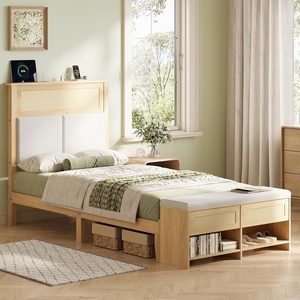 image:imageVINGLI Full Size Platform Bed Frame with Storage Headboard and Charging Station Modern Rattan Wood Bed with Shelves and OttomanSpace Saving Bed Frame for Bedroom or Guest RoomNatural WoodLinen Gray