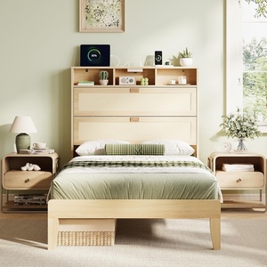 image:imageVINGLI Full Size Platform Bed Frame with Storage Headboard and Charging Station Modern Rattan Wood Bed with Shelves and OttomanSpace Saving Bed Frame for Bedroom or Guest RoomNatural Wood