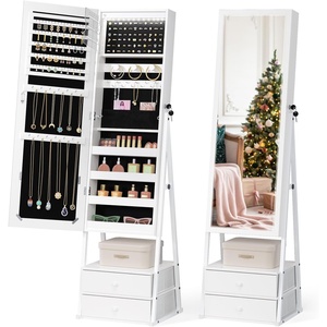 image:imageVINGLI LED Jewelry Cabinet Armoire Lockable Full Length Mirror with Storage Large Capacity Jewelry Organizer with 2 Drawers Free Standing Makeup Vanity for Bedroom White