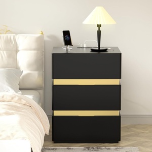 image:imageVINGLI LED Nightstand with Charging Station 3 Drawer Nightstand White Nightstand Acrylic Nightstand Smart Nightstand Wood Nightstand Bedroom Modern Night Stand Bedside Table End TableBlack
