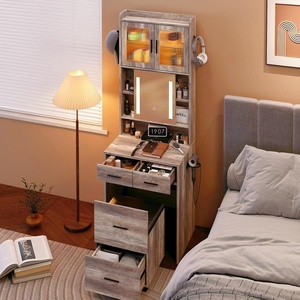 image:imageVINGLI Large Vanity Set with Lighted MirrorModern Makeup Vanity Table Set with LED Lights in 3 ColorsBedroom Dressing Table with 2 Large Drawers and Storage Shelves for WomenBlackampGoldGrey
