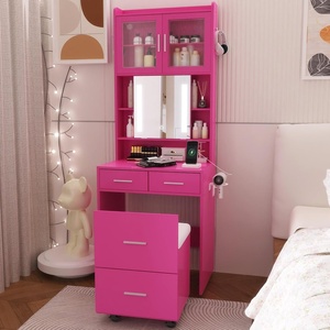 image:imageVINGLI Large Vanity Set with Lighted MirrorModern Makeup Vanity Table Set with LED Lights in 3 ColorsBedroom Dressing Table with 2 Large Drawers and Storage Shelves for WomenBlackampGoldPink