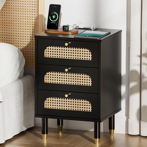image:imageVINGLI Night Stand Set of 2 Rattan Nightstands with Charging Station 1772 W Boho Wood Nightstand for Bedroom Bed Side Table with Charging Station Wooden Night Stands Oak Real Rattan End TableBlack