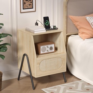 image:imageVINGLI Night Stand Set of 2 Rattan Nightstands with Charging Station 1772 W Boho Wood Nightstand for Bedroom Bed Side Table with Charging Station Wooden Night Stands Oak Real Rattan End TableOak