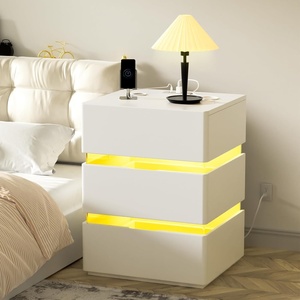 image:imageVINGLI Nightstand Set of 2 Led Nightstand with Charging Station 3 Drawer Nightstand Smart Nightstand Wood Nightstand Acrylic Nightstand Bedroom Modern Nightstand Black Night StandWhite