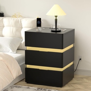 image:imageVINGLI Nightstand Set of 2 Led Nightstand with Charging Station 3 Drawer Nightstand Smart Nightstand Wood Nightstand Acrylic Nightstand Bedroom Modern Nightstand Black Night StandBlack