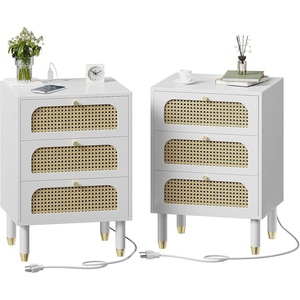 image:imageVINGLI Rattan Nightstand with Charging Station 27 Tall White Nightstand with 3 Drawers for Bedroom Boho Mid Century Modern Bed Side TableEnd Table White 2 Pack