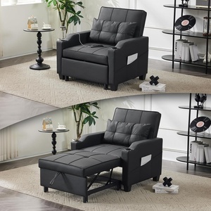 image:imageVINGLI Sleeper Chair 3in1 Convertible Sofa Bed Black Pull Out Couch Bed Adjustable Recliner Chair Bed with 2 USB Ports 2 Cup Holders 2 Side Pockets for Living Room Bedroom Small Spaces