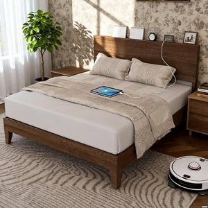 image:imageVINGLI Solid Wood Bed Frame Full Size with Headboard Shelf and Charging Station RetroModern Double Platform Panel BedVintage MidCentury Style for Bedroom or Guest Room Walnut Brown