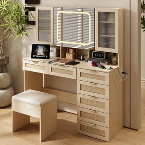 image:imageVINGLI Vanity Desk with LED Lighted Mirror amp Padded Bench Makeup Set with 7 Drawers amp 2 Clear Glass Cabinets amp 1 Hidden Mirror Cabinet amp 3 Storeroom amp Charging Station for Bedroom GreyRattan