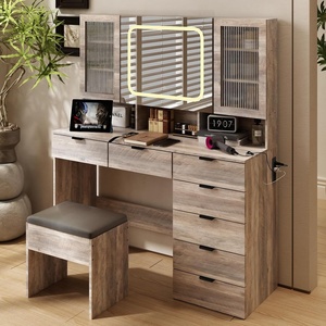 image:imageVINGLI Vanity Desk with LED Lighted Mirror amp Padded Bench Makeup Set with 7 Drawers amp 2 Clear Glass Cabinets amp 1 Hidden Mirror Cabinet amp 3 Storeroom amp Charging Station for Bedroom GreyGrey