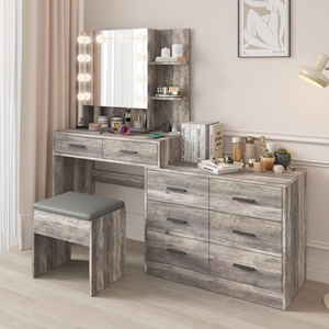 image:imageVINGLI Vanity Desk with Mirror and Lights Large Makeup Cabinet with 4 Drawers amp 3 Cabinets amp 10 LED Lights in 3 Lighting Modes amp Charging Station Dressing Table for Dressing Room Bedroom White8Drawers  Cabinet  Stool