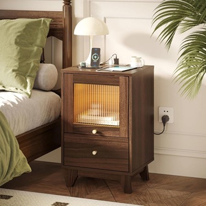 image:imageVINGLI White Nightstand with Charging Station High Gloss Led Night Stand with Drawers End Table Bedside Table Smart Nightstand Modern Small Night Stand for Bedroom 1563 W1161 D2362 HWalnut